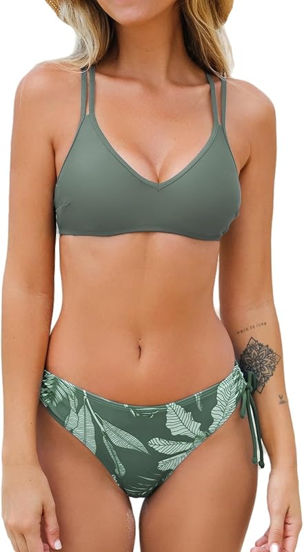 Women Swimsuit Bikini Set Two Piece Bathing Suit Criss Cross Back Strappy Side with Double Spaghetti Straps - Seldom Seen Styles