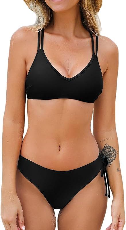 Women Swimsuit Bikini Set Two Piece Bathing Suit Criss Cross Back Strappy Side with Double Spaghetti Straps - Seldom Seen Styles