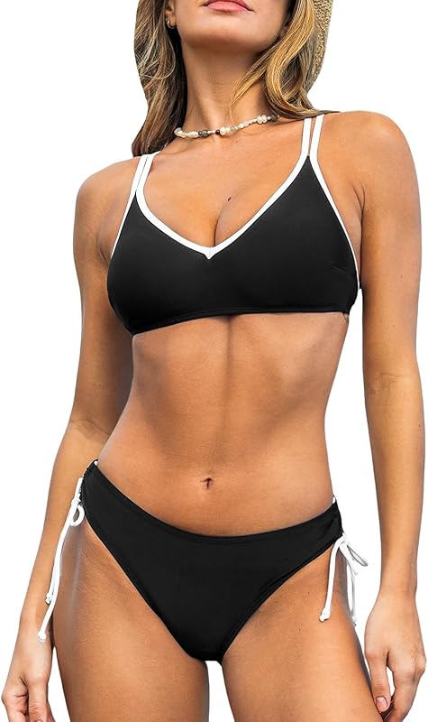 Women Swimsuit Bikini Set Two Piece Bathing Suit Criss Cross Back Strappy Side with Double Spaghetti Straps - Seldom Seen Styles