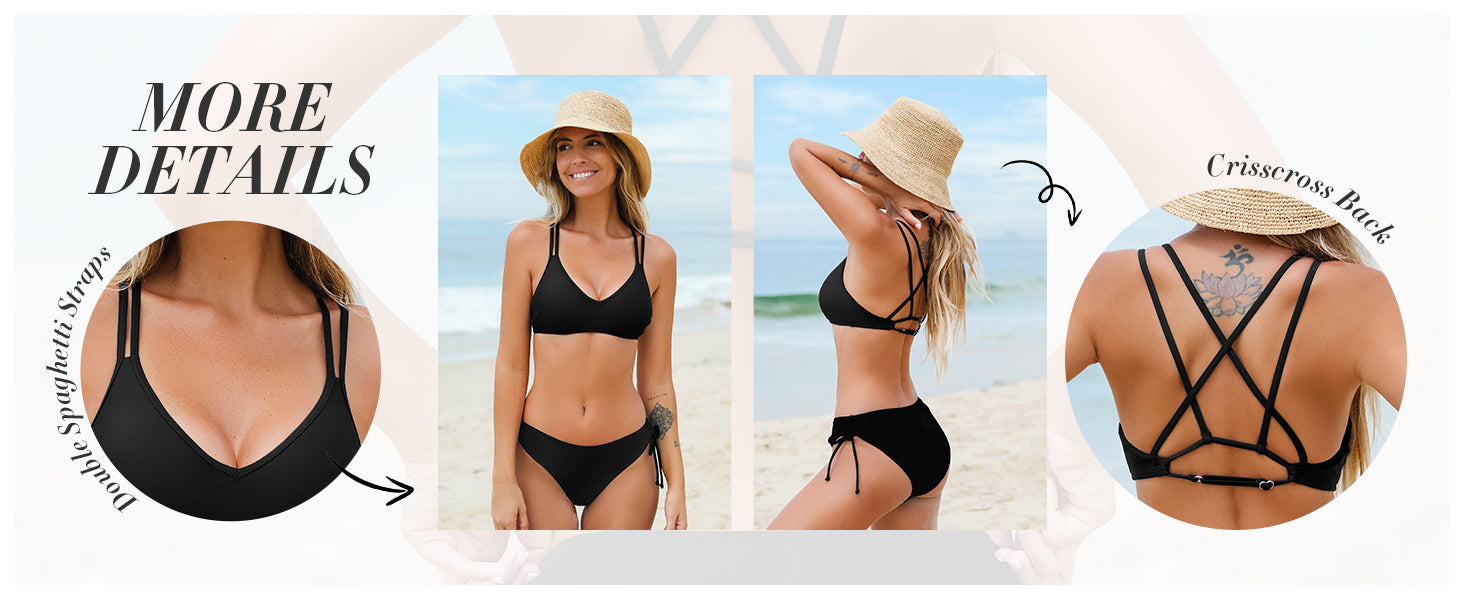 Women Swimsuit Bikini Set Two Piece Bathing Suit Criss Cross Back Strappy Side with Double Spaghetti Straps - Seldom Seen Styles