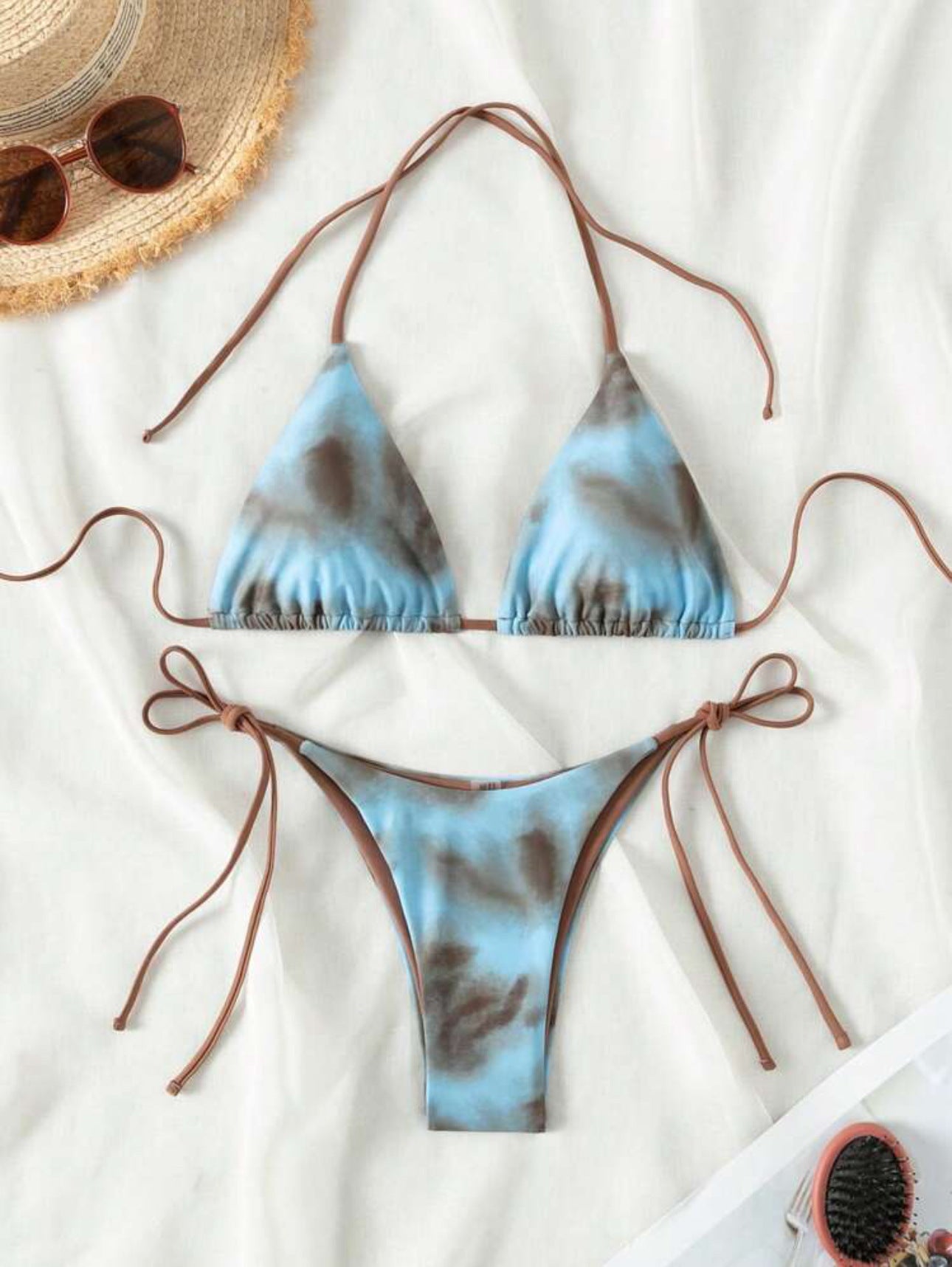 Women's Thong Swimsuit Tie Dye Knot Triangle Bikini Top and String Bottom Set - Seldom Seen Styles