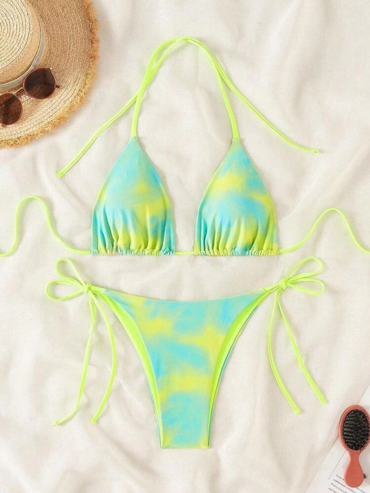 Women's Thong Swimsuit Tie Dye Knot Triangle Bikini Top and String Bottom Set - Seldom Seen Styles