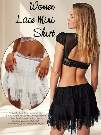 Women Y2k Lace Mini Skirts Summer Lace Slip Skirt Pleated Ruffle Floral Lace Tiered Short Skirts Underskirt - Seldom Seen Styles