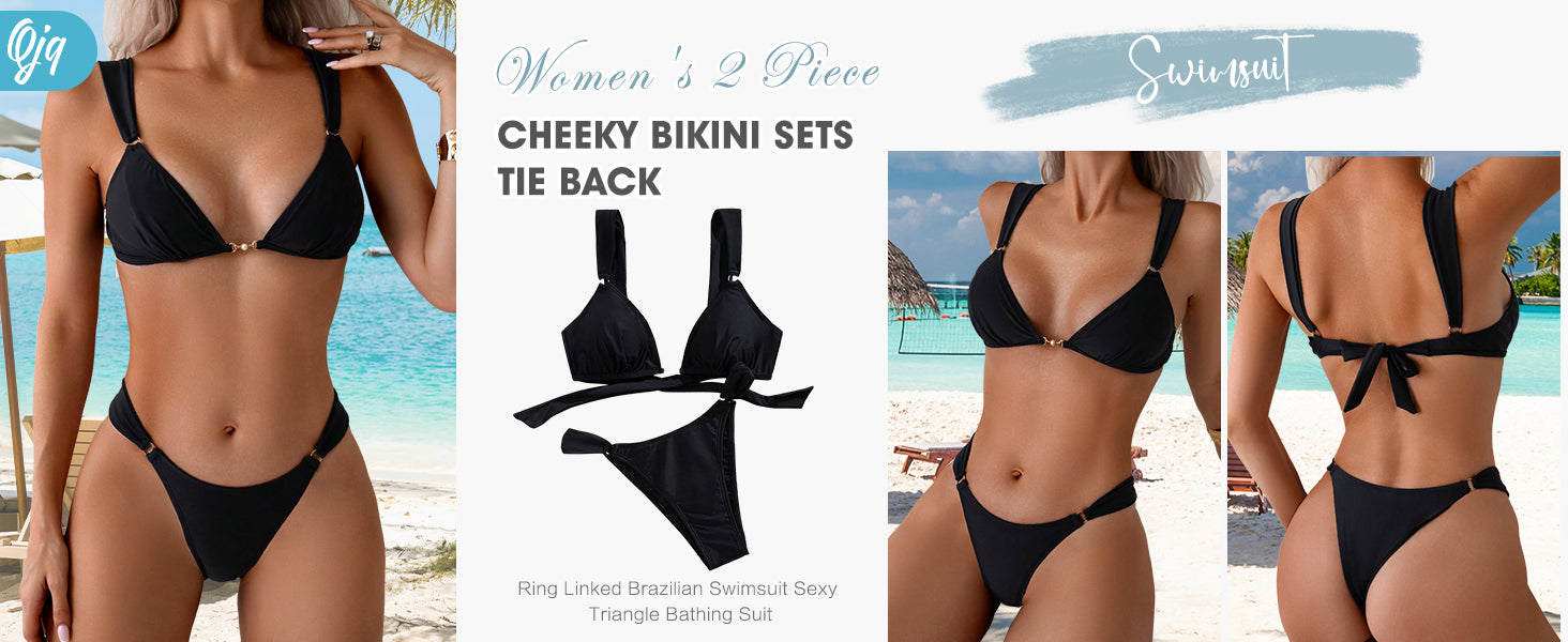 Women's 2 Piece Cheeky Bikini Sets Tie Back Ring Linked Brazilian Swimsuit Sexy Triangle Bathing Suit - Seldom Seen Styles