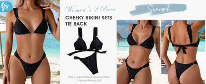 Women's 2 Piece Cheeky Bikini Sets Tie Back Ring Linked Brazilian Swimsuit Sexy Triangle Bathing Suit - Seldom Seen Styles
