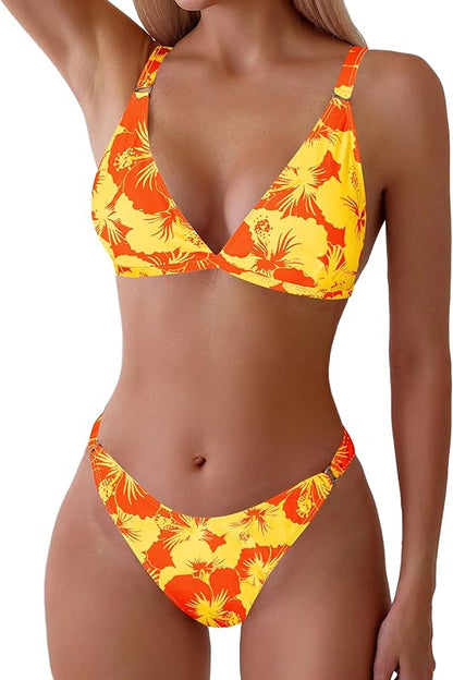Women's 2 Piece Floral Print Swimsuit Triangle String High Cut Bikini Sets Bathing Suit - Seldom Seen Styles