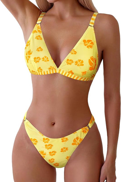 Women's 2 Piece Floral Print Swimsuit Triangle String High Cut Bikini Sets Bathing Suit - Seldom Seen Styles