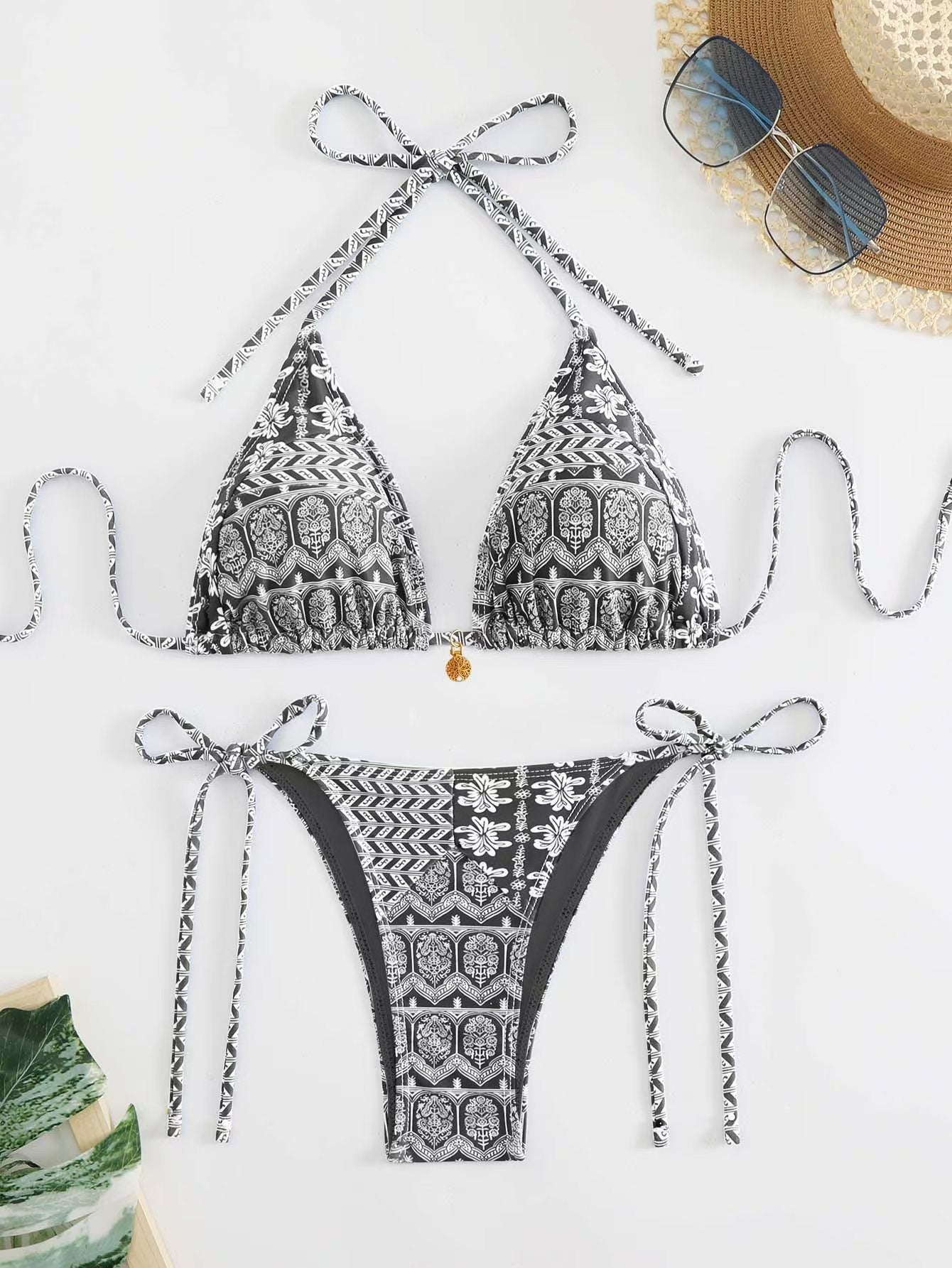 Women's 2 Piece Floral Print Swimsuits Geometric Halter String Triangle Bikini Set Beach Bathing Suit - Seldom Seen Styles