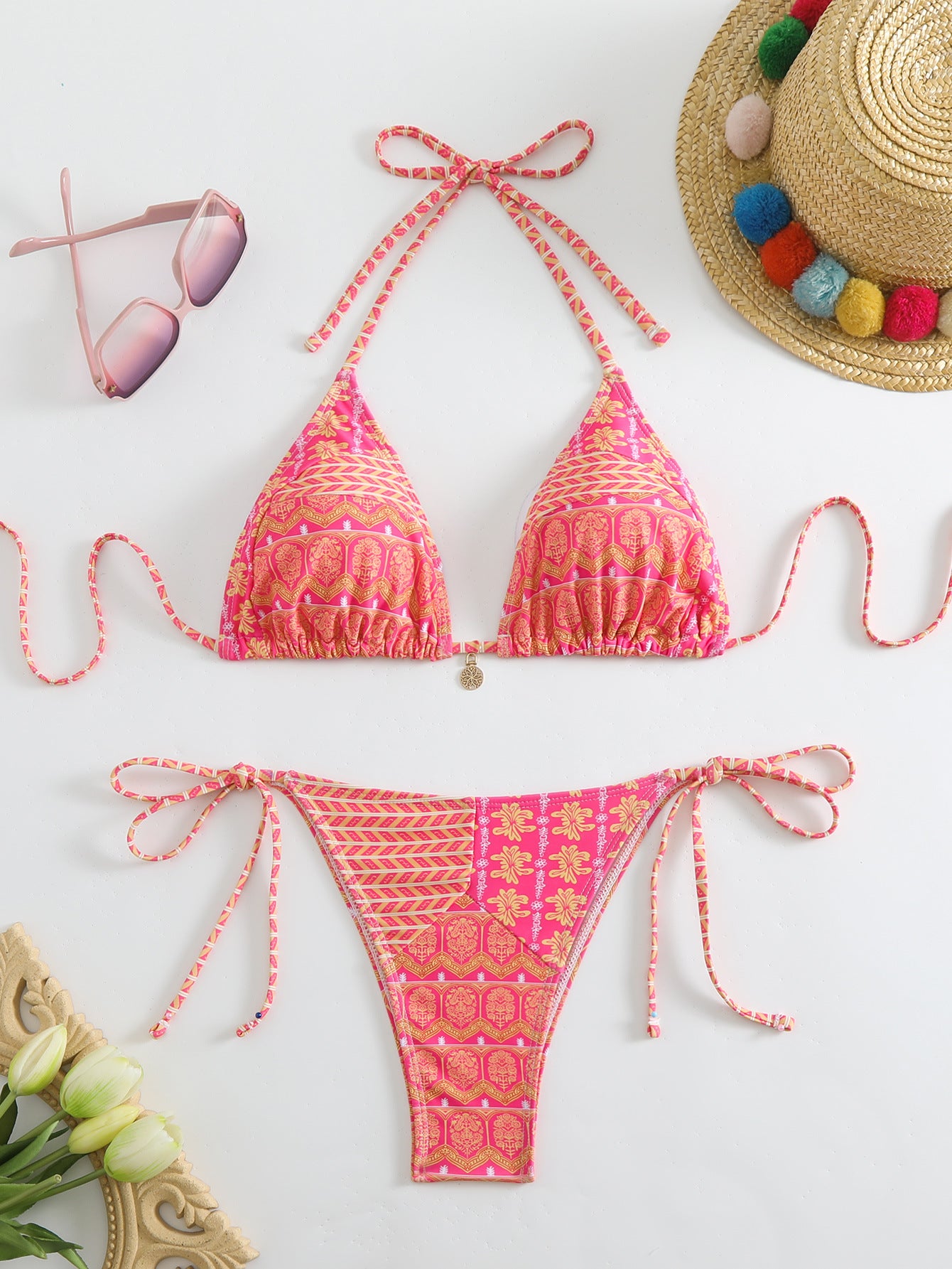 Women's 2 Piece Floral Print Swimsuits Geometric Halter String Triangle Bikini Set Beach Bathing Suit - Seldom Seen Styles