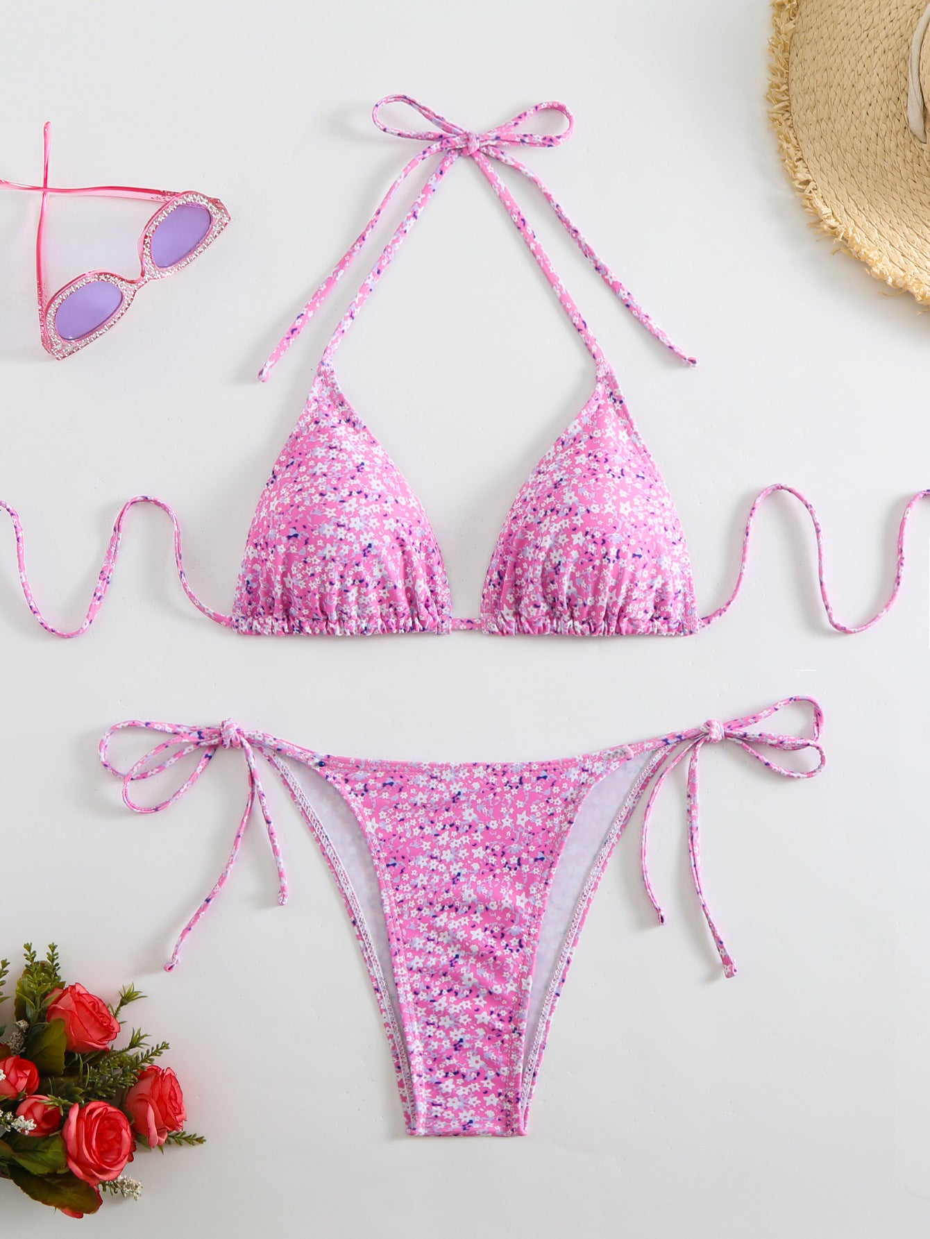Women's 2 Piece Floral Print Swimsuits Geometric Halter String Triangle Bikini Set Beach Bathing Suit - Seldom Seen Styles