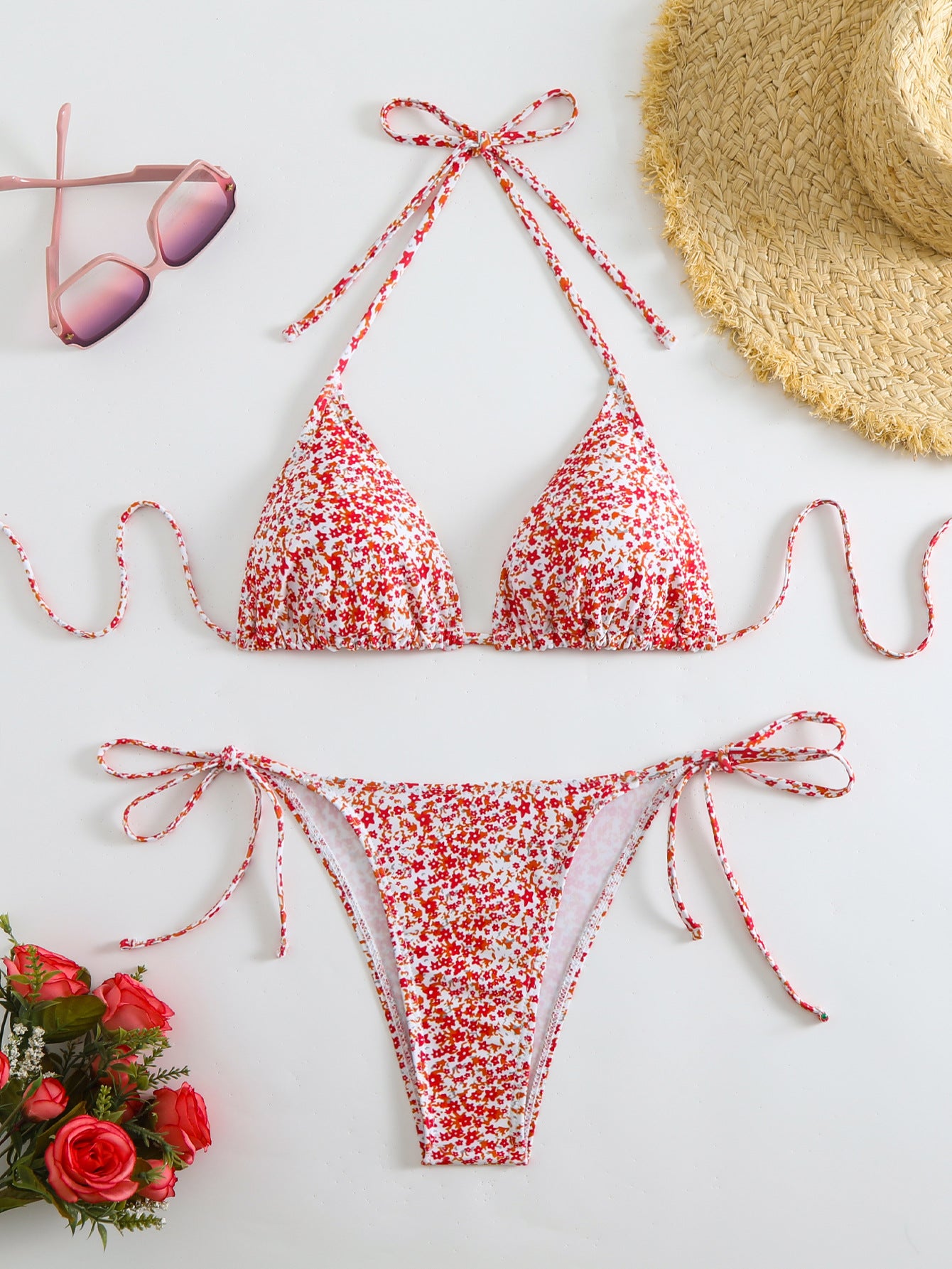 Women's 2 Piece Floral Print Swimsuits Geometric Halter String Triangle Bikini Set Beach Bathing Suit - Seldom Seen Styles