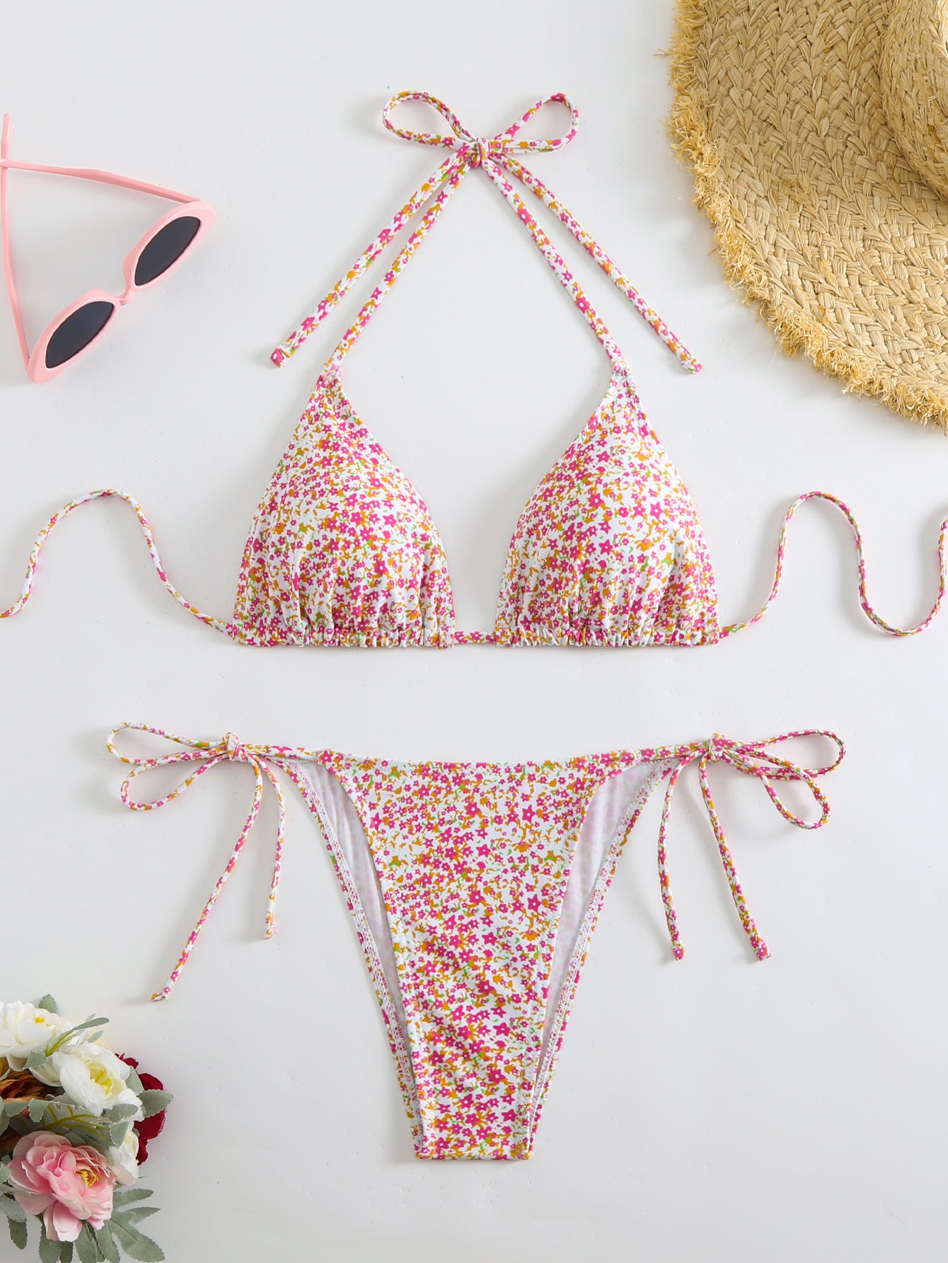 Women's 2 Piece Floral Print Swimsuits Geometric Halter String Triangle Bikini Set Beach Bathing Suit - Seldom Seen Styles