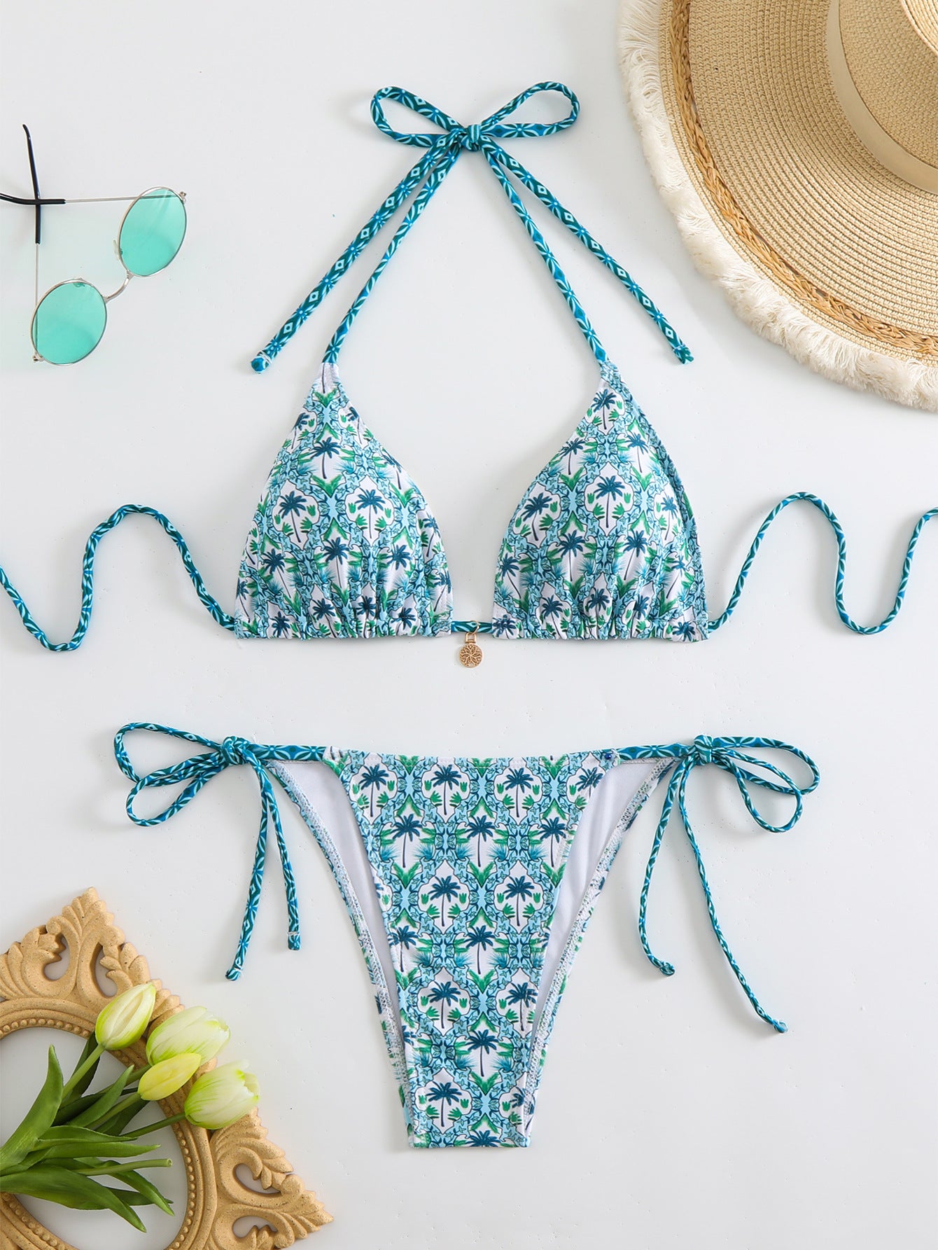 Women's 2 Piece Floral Print Swimsuits Geometric Halter String Triangle Bikini Set Beach Bathing Suit - Seldom Seen Styles