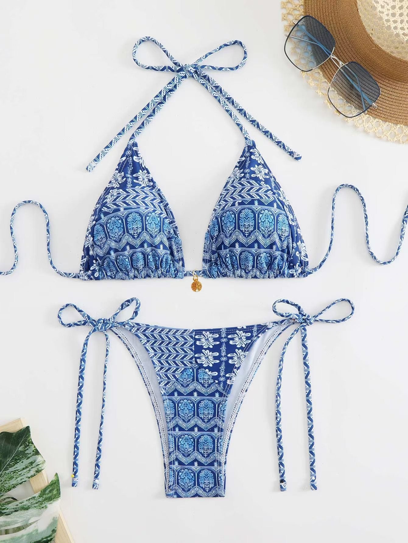 Women's 2 Piece Floral Print Swimsuits Geometric Halter String Triangle Bikini Set Beach Bathing Suit - Seldom Seen Styles