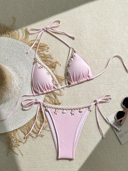 Women's 2 Piece Halter Triangle Bathing Suit Ribbed Bikini Swimsuits - Seldom Seen Styles