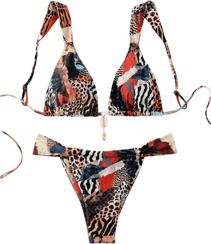 Women's 2 Piece Leopard Floral Bathing Suit Wireless Triangle Swimsuit High Waisted Bikini Sets - Seldom Seen Styles