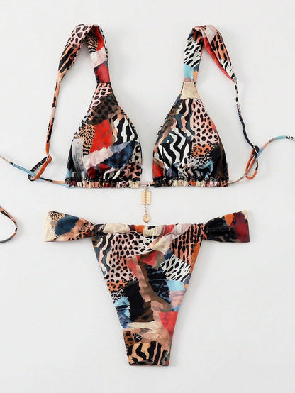 Women's 2 Piece Leopard Floral Bathing Suit Wireless Triangle Swimsuit High Waisted Bikini Sets - Seldom Seen Styles