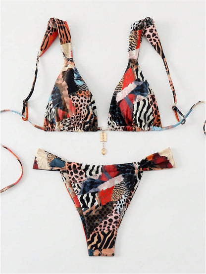 Women's 2 Piece Leopard Floral Bathing Suit Wireless Triangle Swimsuit High Waisted Bikini Sets - Seldom Seen Styles