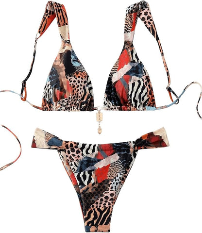 Women's 2 Piece Leopard Floral Bathing Suit Wireless Triangle Swimsuit High Waisted Bikini Sets - Seldom Seen Styles