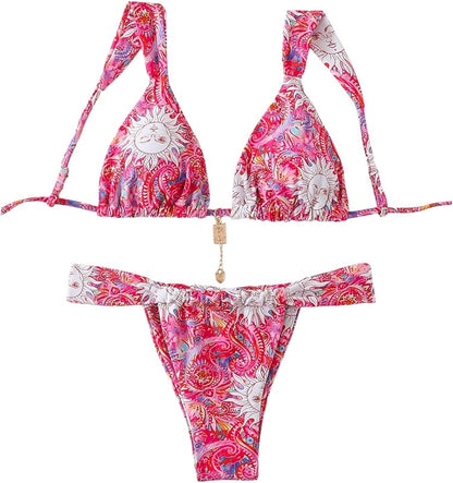 Women's 2 Piece Leopard Floral Bathing Suit Wireless Triangle Swimsuit High Waisted Bikini Sets - Seldom Seen Styles