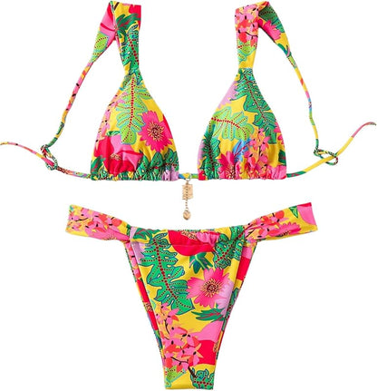 Women's 2 Piece Leopard Floral Bathing Suit Wireless Triangle Swimsuit High Waisted Bikini Sets - Seldom Seen Styles