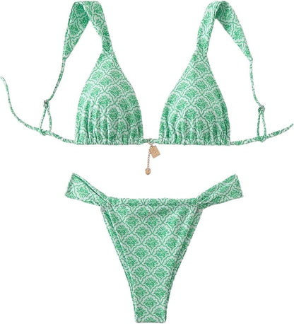 Women's 2 Piece Leopard Floral Bathing Suit Wireless Triangle Swimsuit High Waisted Bikini Sets - Seldom Seen Styles