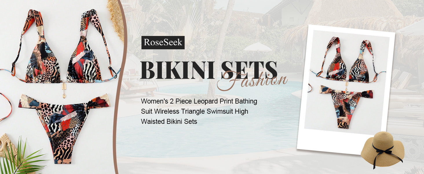 Women's 2 Piece Leopard Floral Bathing Suit Wireless Triangle Swimsuit High Waisted Bikini Sets - Seldom Seen Styles