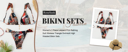 Women's 2 Piece Leopard Floral Bathing Suit Wireless Triangle Swimsuit High Waisted Bikini Sets - Seldom Seen Styles