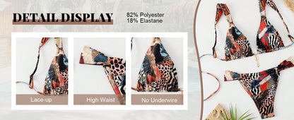 Women's 2 Piece Leopard Floral Bathing Suit Wireless Triangle Swimsuit High Waisted Bikini Sets - Seldom Seen Styles