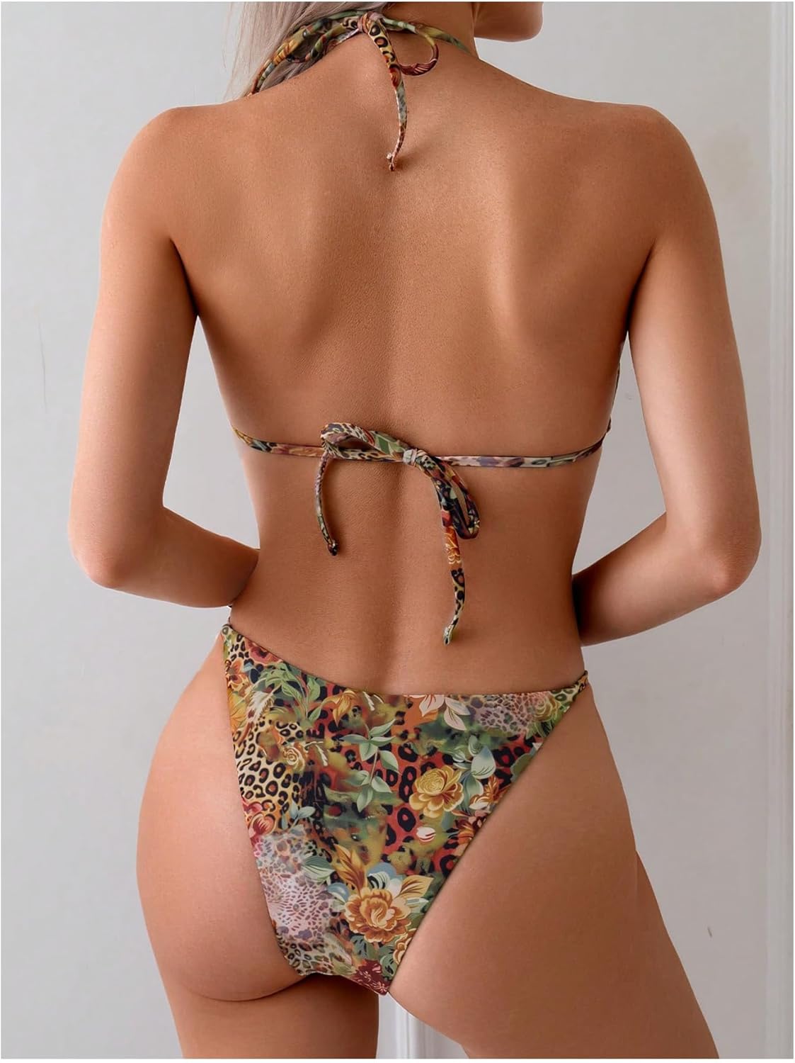 Women's 2 Piece Leopard Floral Bikini Sets Ring Triangle Halter Bathing Suit Tie Back Swimsuit - Seldom Seen Styles