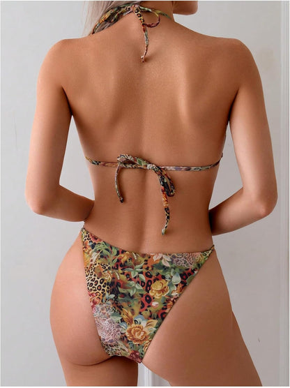 Women's 2 Piece Leopard Floral Bikini Sets Ring Triangle Halter Bathing Suit Tie Back Swimsuit - Seldom Seen Styles