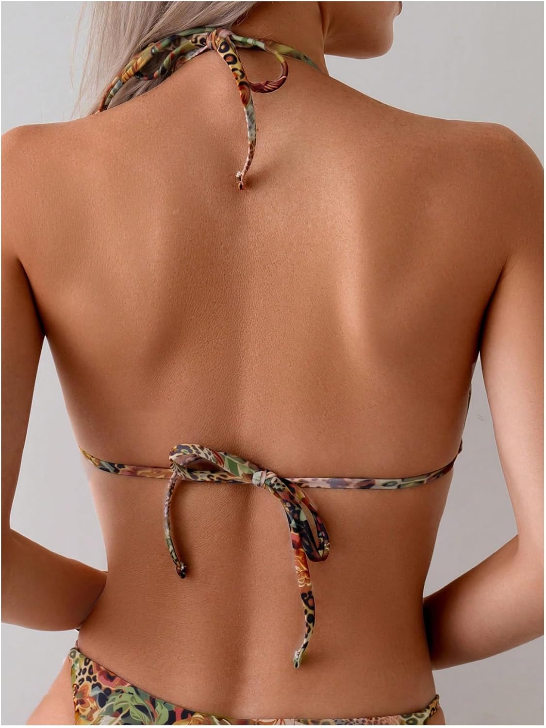Women's 2 Piece Leopard Floral Bikini Sets Ring Triangle Halter Bathing Suit Tie Back Swimsuit - Seldom Seen Styles