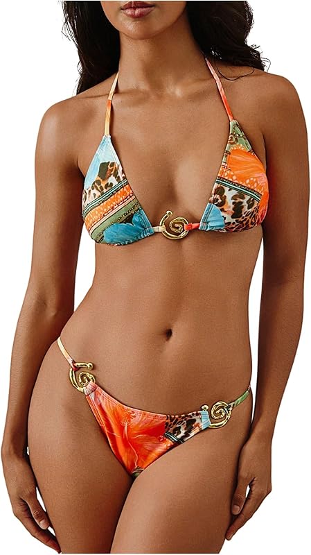 Women's 2 Piece Leopard Floral Bikini Sets Ring Triangle Halter Bathing Suit Tie Back Swimsuit - Seldom Seen Styles