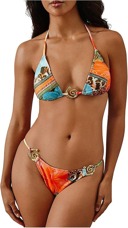 Women's 2 Piece Leopard Floral Bikini Sets Ring Triangle Halter Bathing Suit Tie Back Swimsuit - Seldom Seen Styles