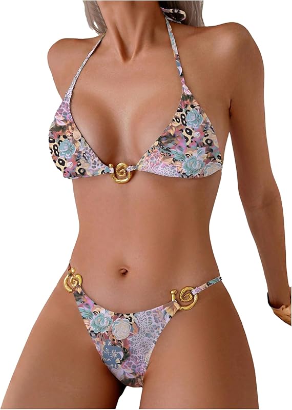 Women's 2 Piece Leopard Floral Bikini Sets Ring Triangle Halter Bathing Suit Tie Back Swimsuit - Seldom Seen Styles