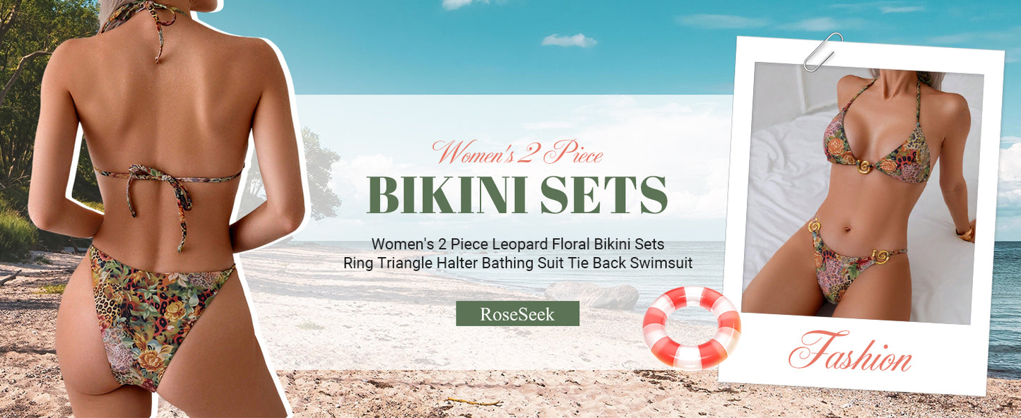 Women's 2 Piece Leopard Floral Bikini Sets Ring Triangle Halter Bathing Suit Tie Back Swimsuit - Seldom Seen Styles