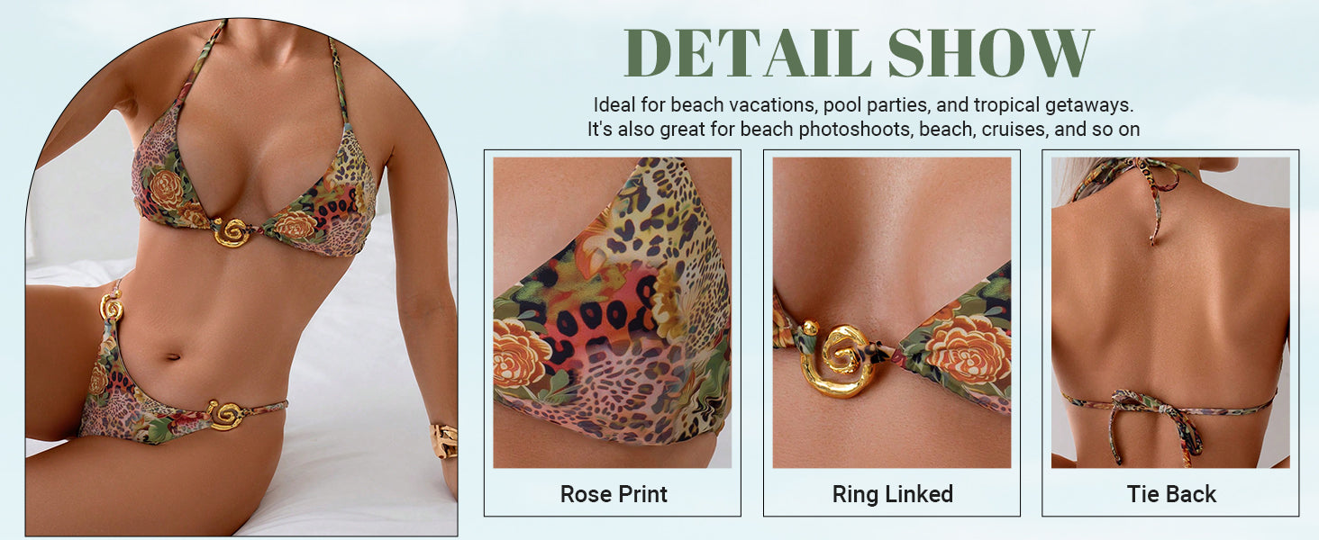 Women's 2 Piece Leopard Floral Bikini Sets Ring Triangle Halter Bathing Suit Tie Back Swimsuit - Seldom Seen Styles