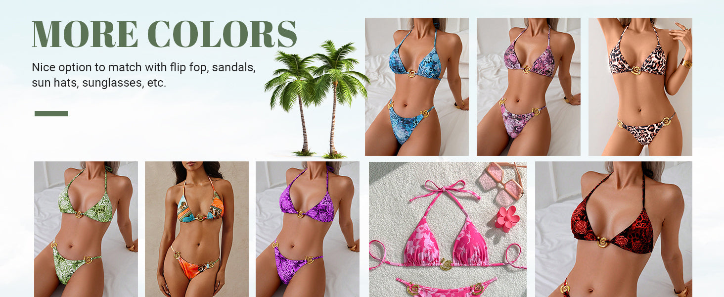 Women's 2 Piece Leopard Floral Bikini Sets Ring Triangle Halter Bathing Suit Tie Back Swimsuit - Seldom Seen Styles