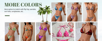 Women's 2 Piece Leopard Floral Bikini Sets Ring Triangle Halter Bathing Suit Tie Back Swimsuit - Seldom Seen Styles