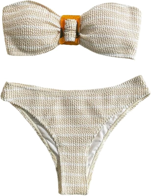 Women's 2 Piece Strapless Swimsuit Striped Bandeau High Waisted Thong Bikini Set Bathing Suit - Seldom Seen Styles