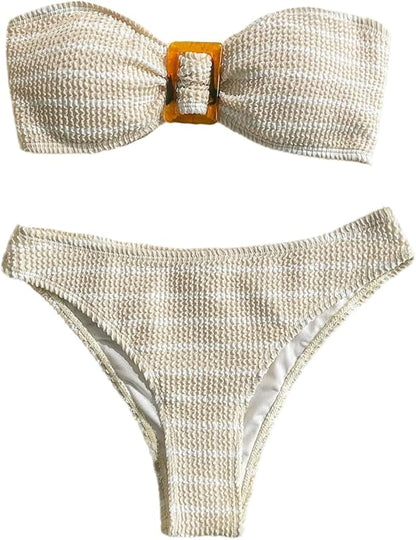 Women's 2 Piece Strapless Swimsuit Striped Bandeau High Waisted Thong Bikini Set Bathing Suit - Seldom Seen Styles