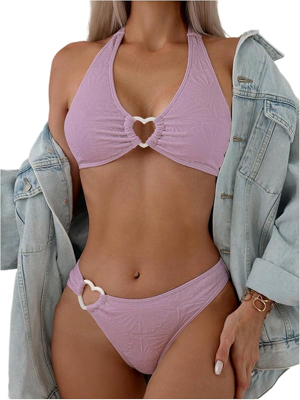 Women's 2 Piece Swimsuit Heart Shaped Ring Decorated Halter Bikini Swimwear Set - Seldom Seen Styles