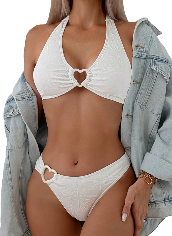 Women's 2 Piece Swimsuit Heart Shaped Ring Decorated Halter Bikini Swimwear Set - Seldom Seen Styles