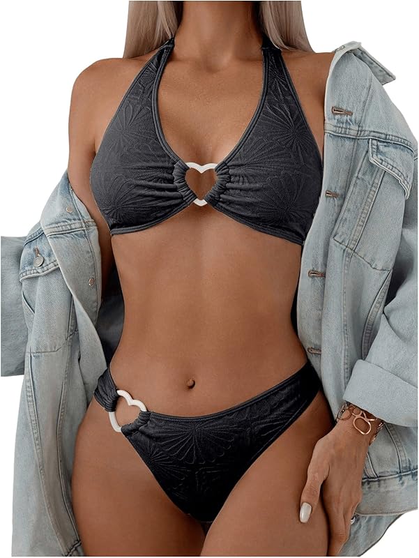 Women's 2 Piece Swimsuit Heart Shaped Ring Decorated Halter Bikini Swimwear Set - Seldom Seen Styles