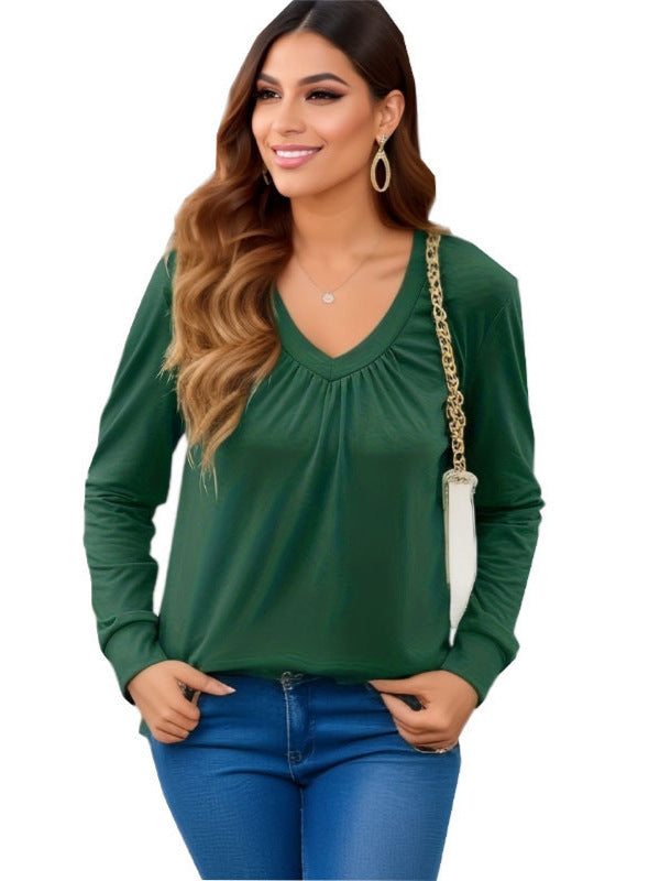 Women's 2025 Spring New Solid Color Ruched V Loose Long Sleeve Top with Ruffled Sleeves T Women's T-shirt - Seldom Seen Styles