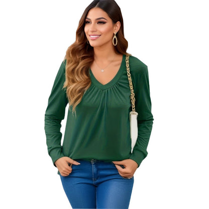 Women's 2025 Spring New Solid Color Ruched V Loose Long Sleeve Top with Ruffled Sleeves T Women's T-shirt - Seldom Seen Styles