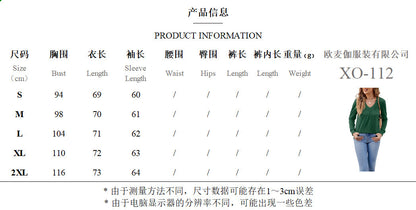 Women's 2025 Spring New Solid Color Ruched V Loose Long Sleeve Top with Ruffled Sleeves T Women's T-shirt - Seldom Seen Styles