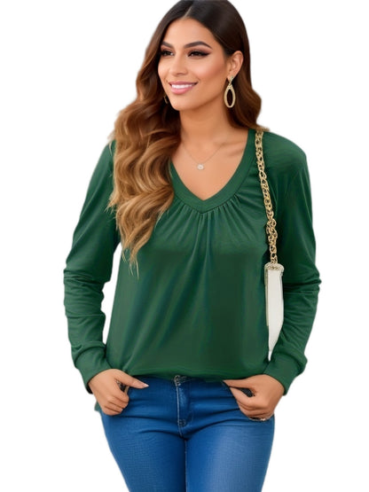 Women's 2025 Spring New Solid Color Ruched V Loose Long Sleeve Top with Ruffled Sleeves T Women's T-shirt - Seldom Seen Styles