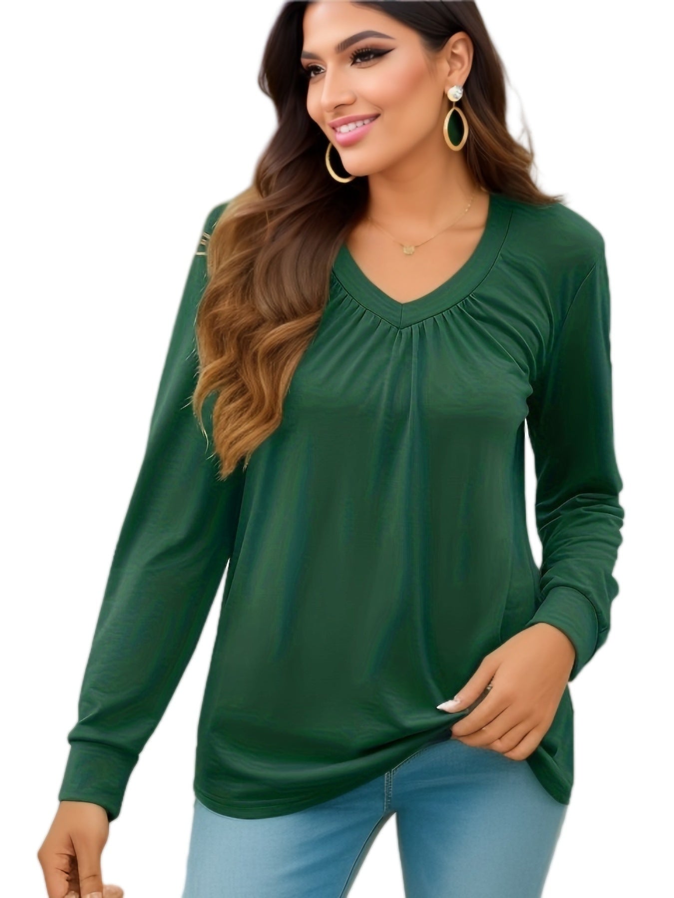Women's 2025 Spring New Solid Color Ruched V Loose Long Sleeve Top with Ruffled Sleeves T Women's T-shirt - Seldom Seen Styles