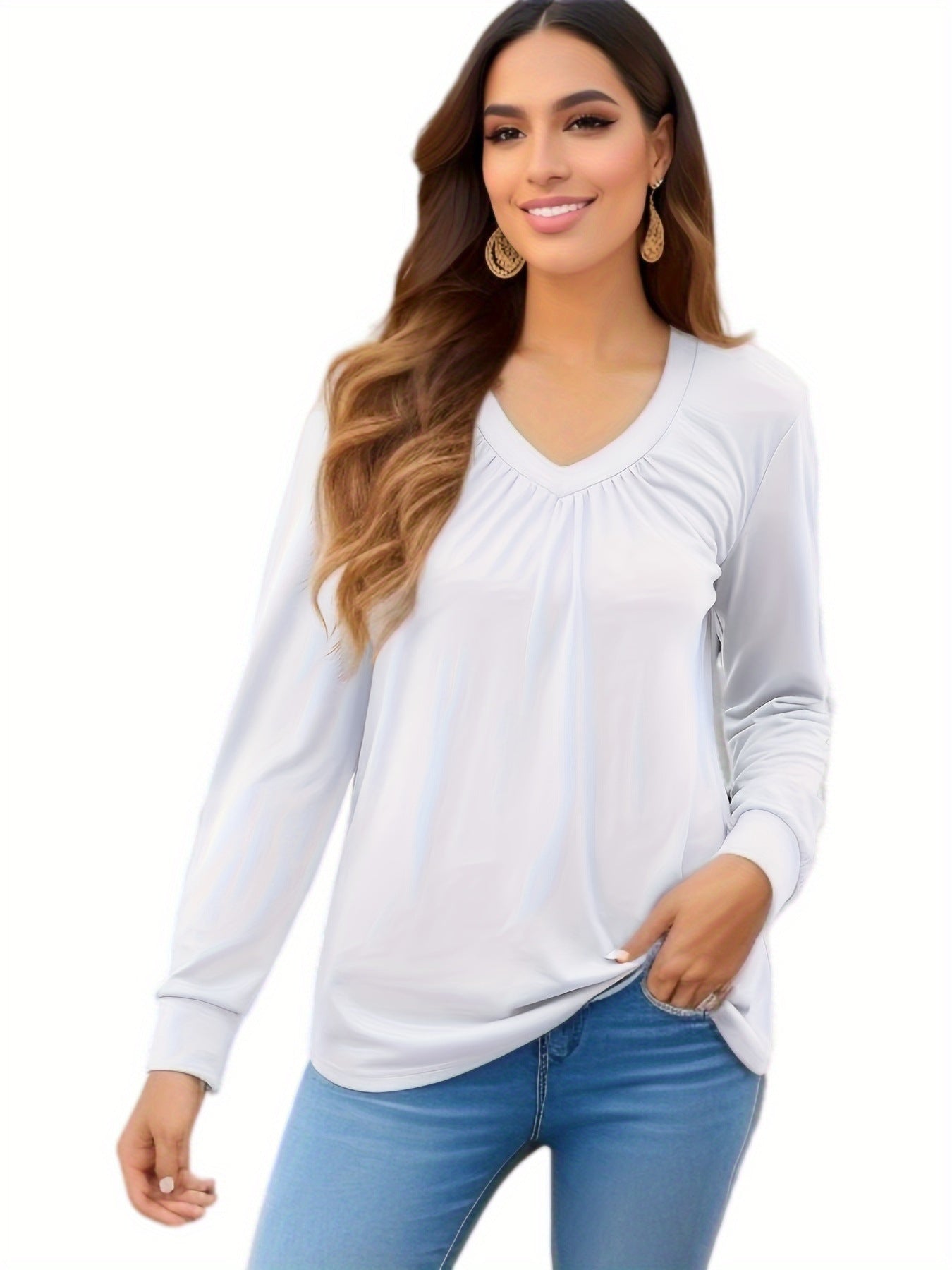 Women's 2025 Spring New Solid Color Ruched V Loose Long Sleeve Top with Ruffled Sleeves T Women's T-shirt - Seldom Seen Styles